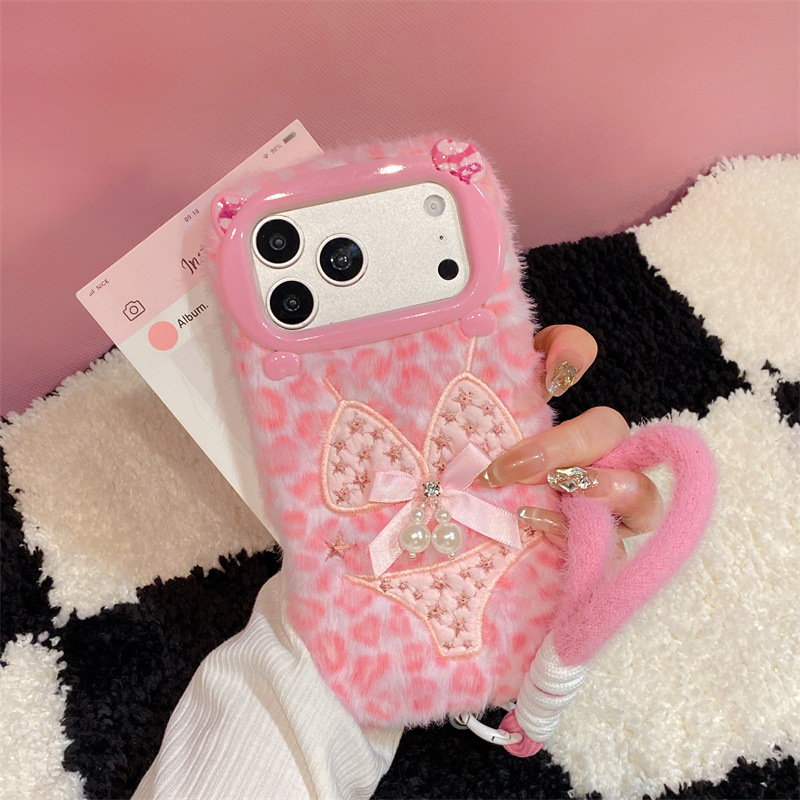 Phone Cases Iphone 15 - Lüks Leopar Desenli Bikini Desenli Peluş