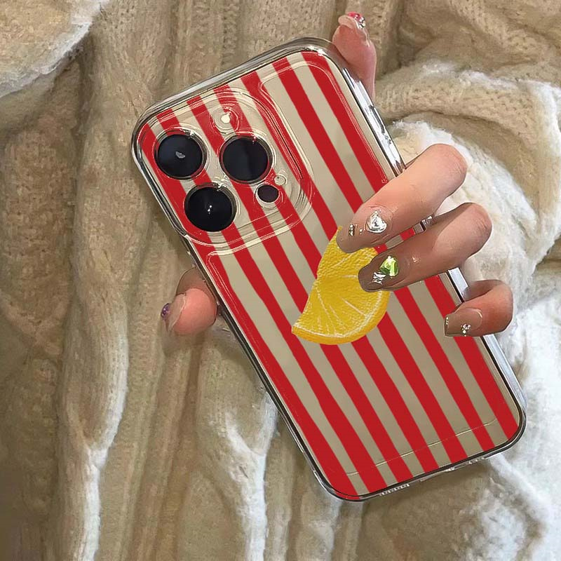 Phone Cases Red - Limon Kırmızı Pembe Mavi Çizgili Tasarım